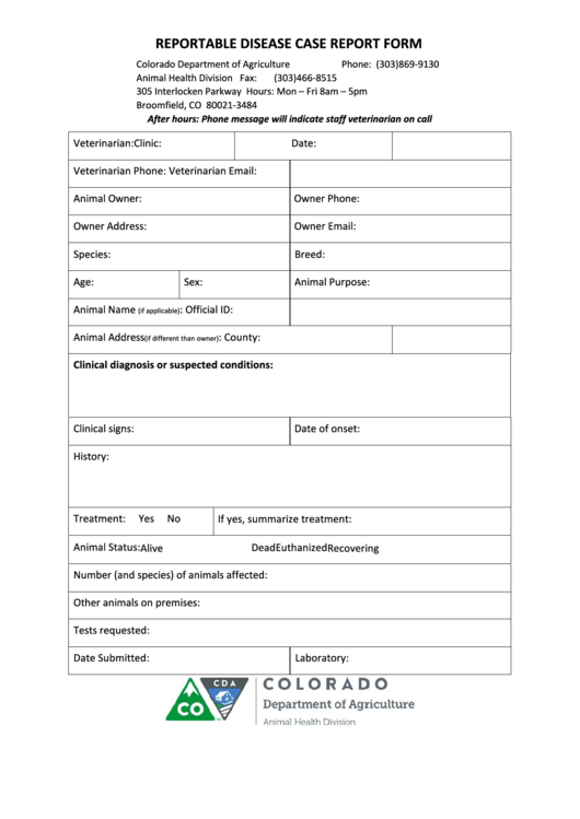 Fillable Reportable Disease Case Report Form - Colorado Department Of Agriculture Printable pdf