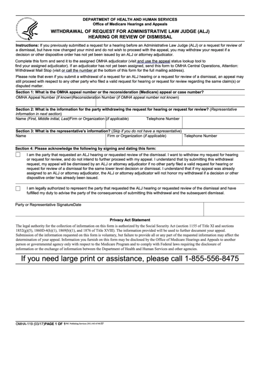 Fillable Form Omha-119 - Withdrawal Of Request For Administrative Law Judge (Alj) Hearing Or Review Of Dimissal - Department Of Health And Human Services Printable pdf