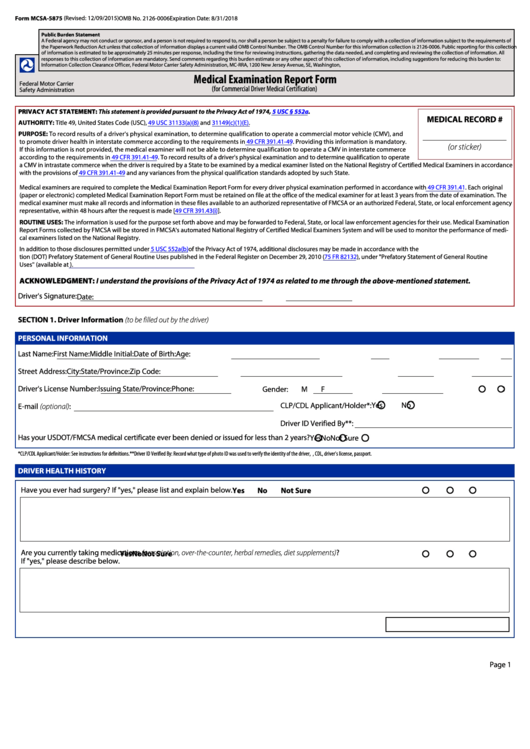 Form Mcsa-5875 - Medical Examination Report Form