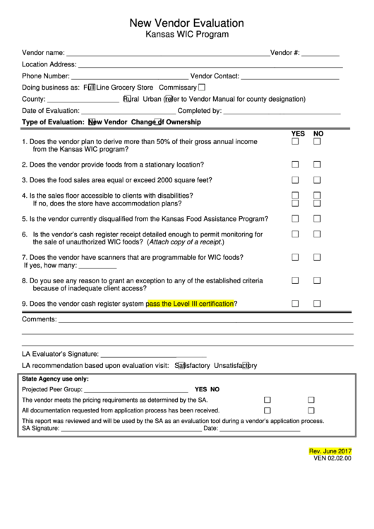 New Vendor Evaluation Form - Kansas Wic Program Printable pdf