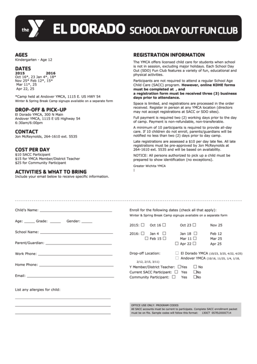 Ymca El Dorado School Day Out Fun Club Enroll Form Printable pdf