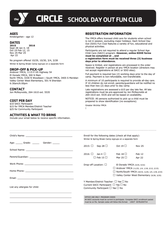 Ymca Circle School Day Out Fun Club Enroll Form Printable pdf