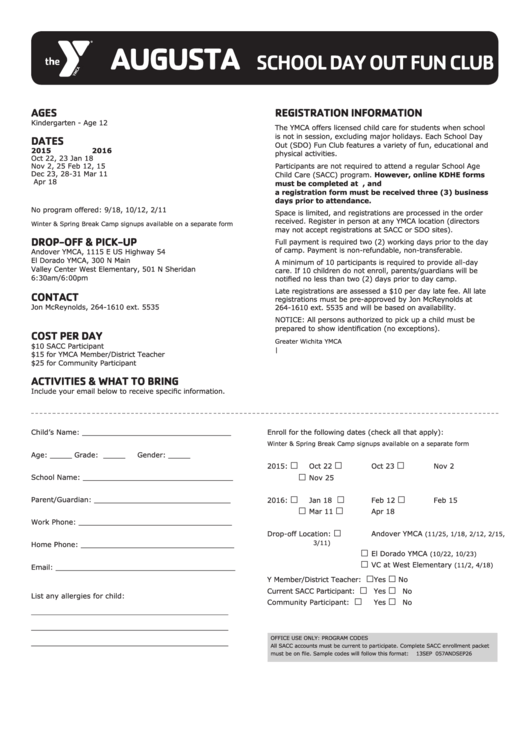 Ymca Augusta School Day Out Fun Club Enroll Form Printable pdf