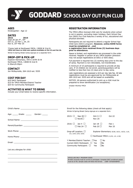 Ymca Goddard School Day Out Fun Club Enroll Form Printable pdf