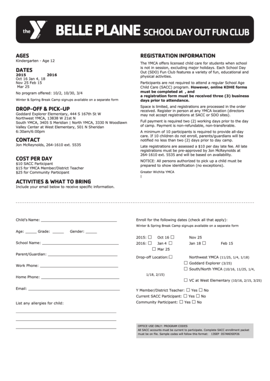 Ymca Belle Plaine School Day Out Fun Club Enroll Form Printable pdf