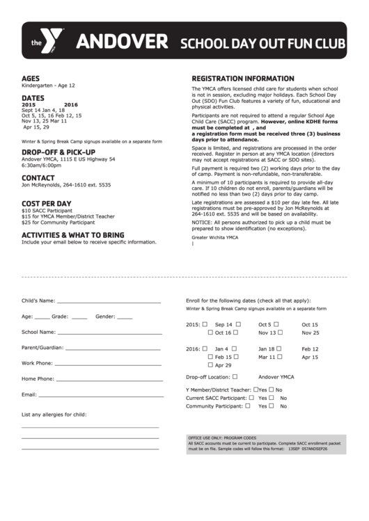 Ymca Andover School Day Out Fun Club Enroll Form Printable pdf