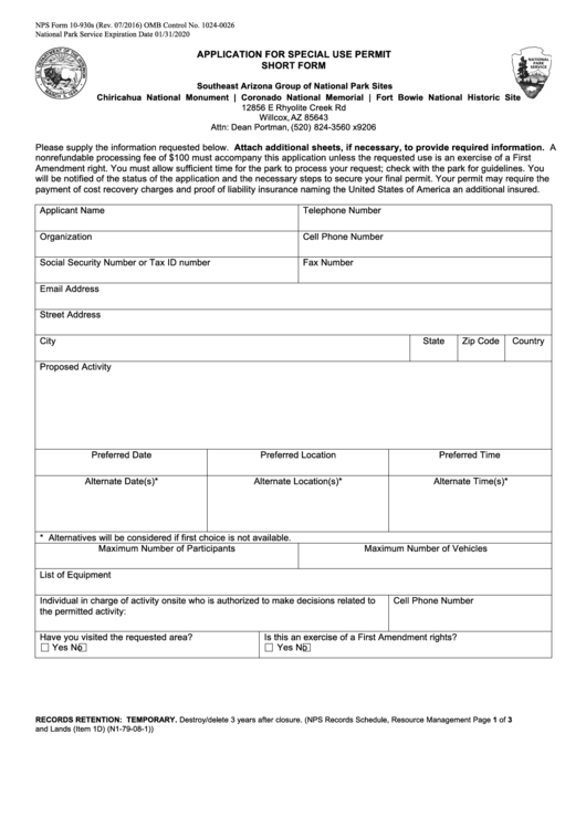 Fillable Nps Form 10-930s - Application For Special Use Permit (Short Form) - National Park Service - U.s. Department Of The Interior Printable pdf