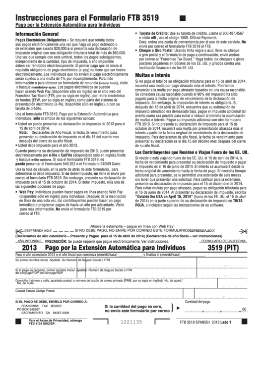 Fillable Formulario Ftb 3519 - Pago Por La Extension Automatica Para Individuos - 2013 Printable pdf