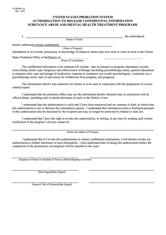 Fillable Form Prob 11e - Authorization To Release Confidential Information Substance Abuse And Mental Health Treatment Programs - U.s. Probation System Printable pdf