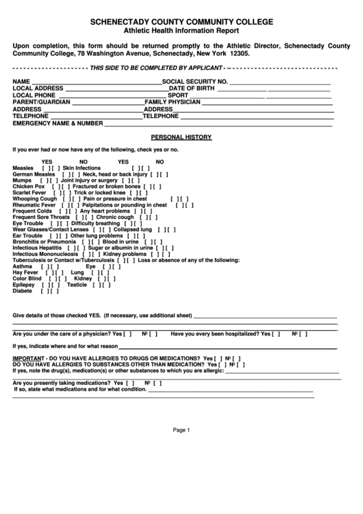Athletic Health Information Report Printable pdf