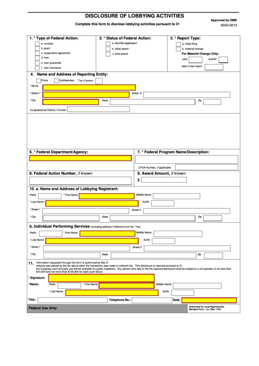 Fillable Standart Form Lll - Disclosure Of Lobbying Activities - U.s. Equal Employment Opportunity Commission Printable pdf