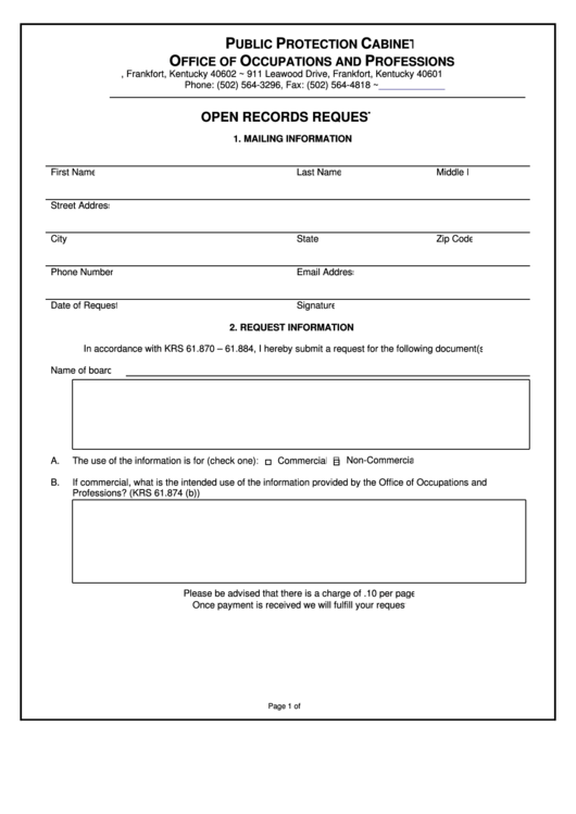 Fillable Open Records Request Form - Public Protection Cabinet - Department Of Professional Licensing Printable pdf