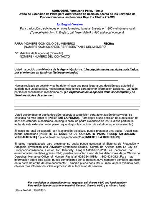 Adhs/dbhs Formulario Policy 1801.2 - Aviso De Extension De Plazo Para Autorizacion De Decision Acerca De Los Servicios De Proporcionados A Las Personas Bajo Los Titulos Xix/xxi Printable pdf