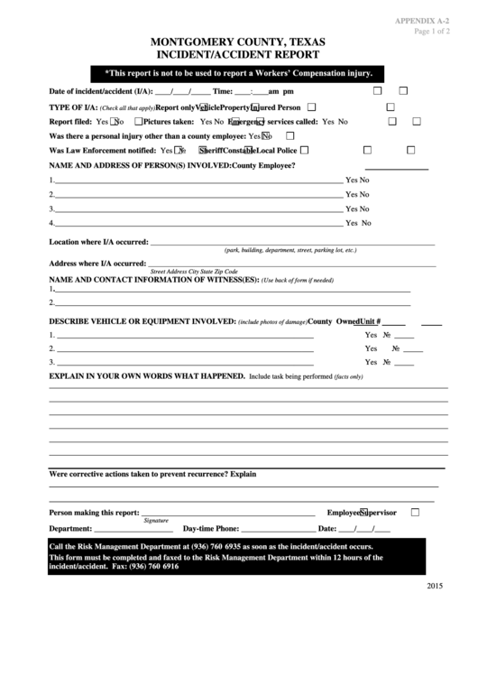 Fillable Form Appendix A-2 - Montgomery County, Texas Incident/accident Report - 2015 Printable pdf