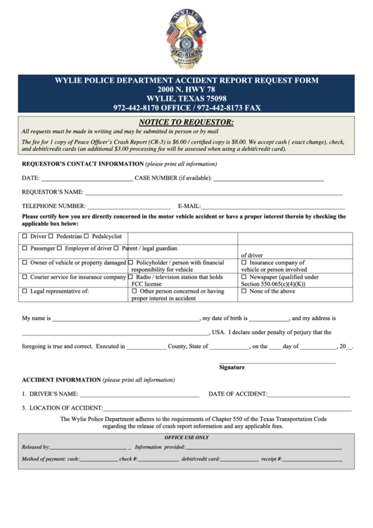 Wylie Police Department Accident Report Request Form Printable pdf