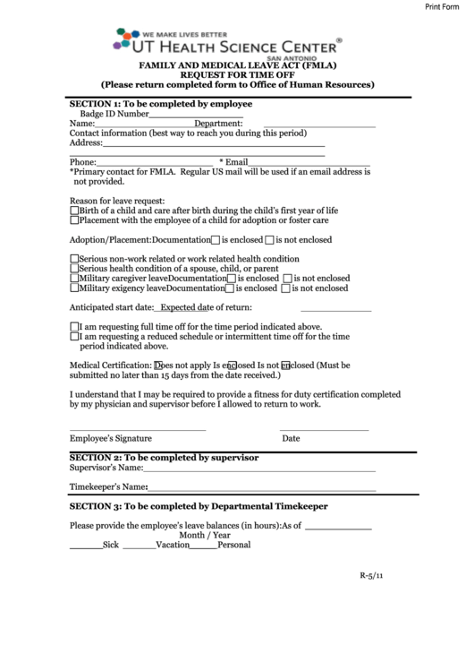 Fillable Family And Medical Leave Act (Fmla) Request For Time Off - Ut Health Science Center Printable pdf