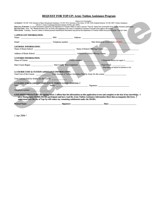Sample Request For Top-Up: Army Tuition Assistance Program Printable pdf