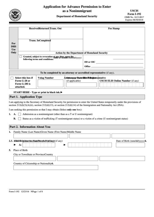Fillable Form I-192 - Application For Advance Permission To Enter As A Nonimmigrant Printable pdf