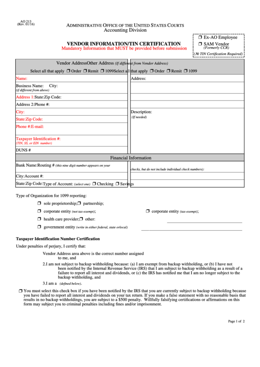 Fillable Form Ao 213 - Vendor Information/tin Certification - Administrative Office Of The U.s. Courts Printable pdf