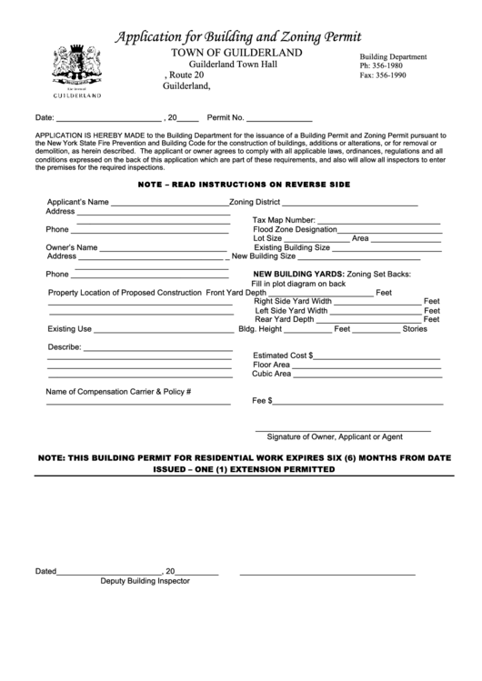 Application For Building And Zoning Permit - Town Of Guilderland Printable pdf