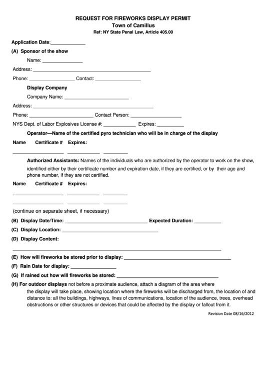 Request For Fireworks Display Permit - Town Of Camillus Printable pdf