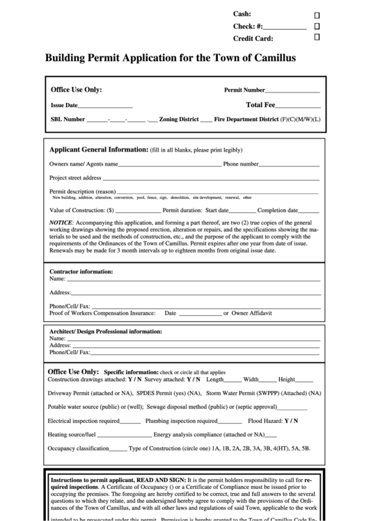 Building Permit Application For The Town Of Camillus Printable pdf