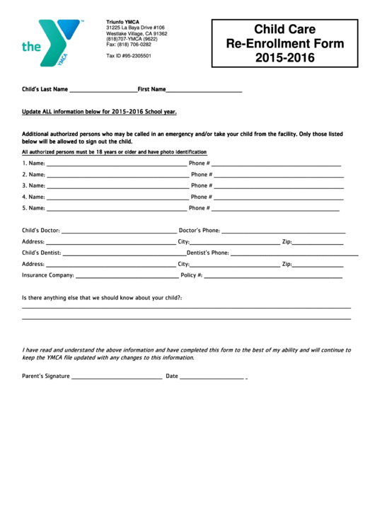 Form Lic 995 - Child Care Re-enrollment Form - 2015-2016