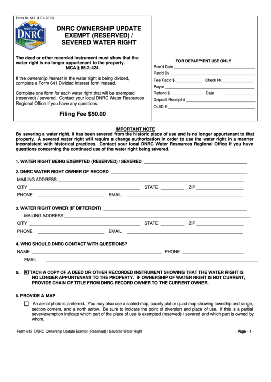 Fillable Form 642 - Dnrc Ownership Update Exempt (Reserved) / Severed Water Right Printable pdf