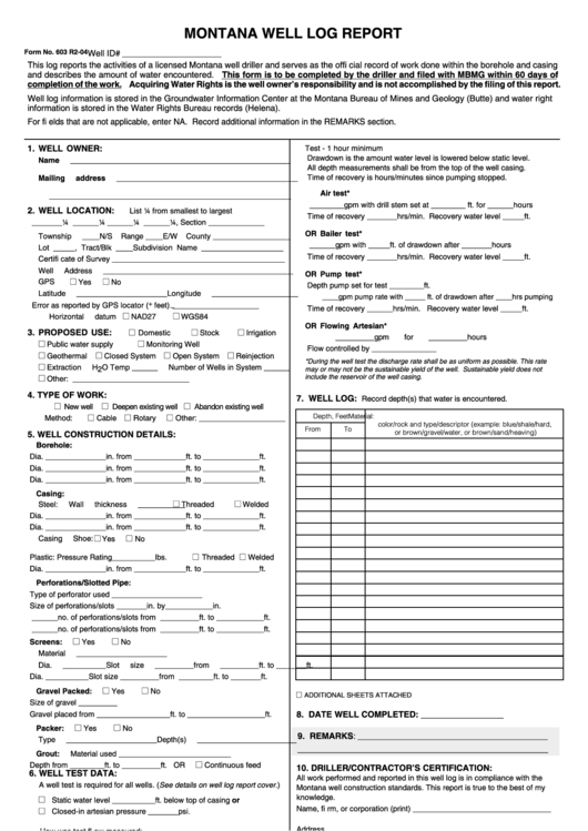 Form 603 - Montana Well Log Report printable pdf download