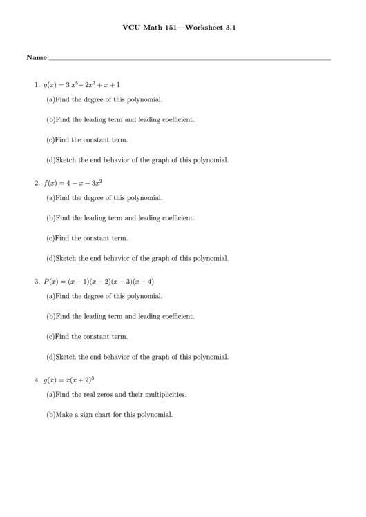 Vcu Math 151-Worksheet 3.1 Printable pdf