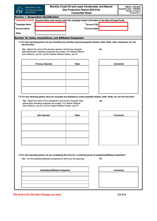 Form Eia-914 - Monthly Crude Oil And Lease Condensate, And Natural Gas Production Report (transmittal Sheet) - U.s. Energy Information Administration