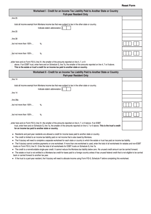 Fillable Worksheet I - Credit For An Income Tax Liability Paid To Another State Or Country Full-Year Resident Only - Montana Department Of Revenue Printable pdf