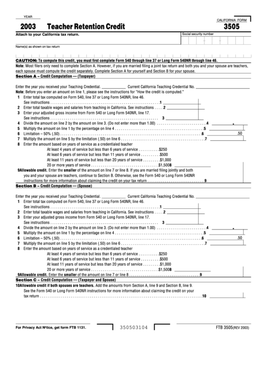 California Form 3505 - Teacher Retention Credit - 2003 Printable pdf