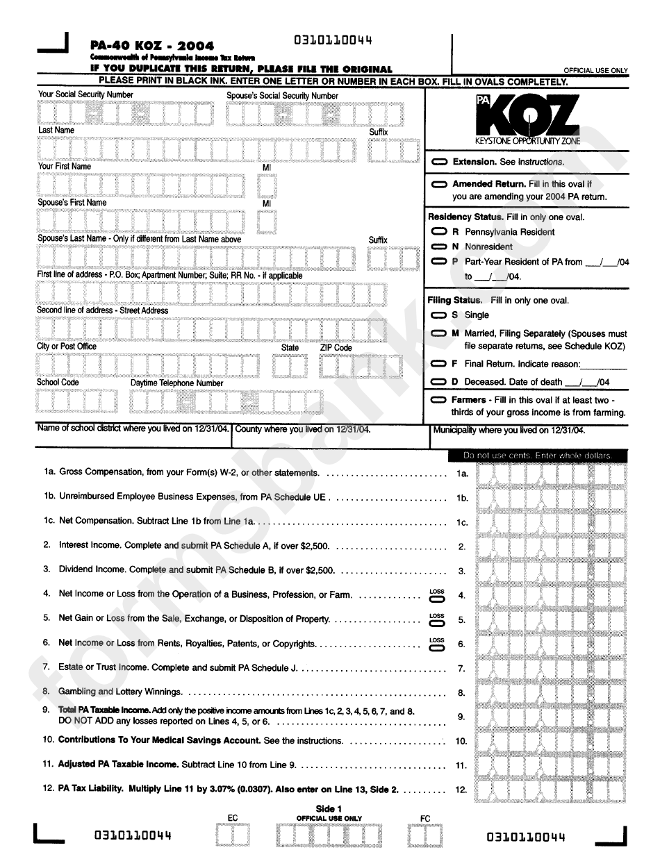 Form Pa-40 Koz - Commonwealth Of Pennsylvania Income Tax Return - Pa Keystone Opportunity Zone - 2004