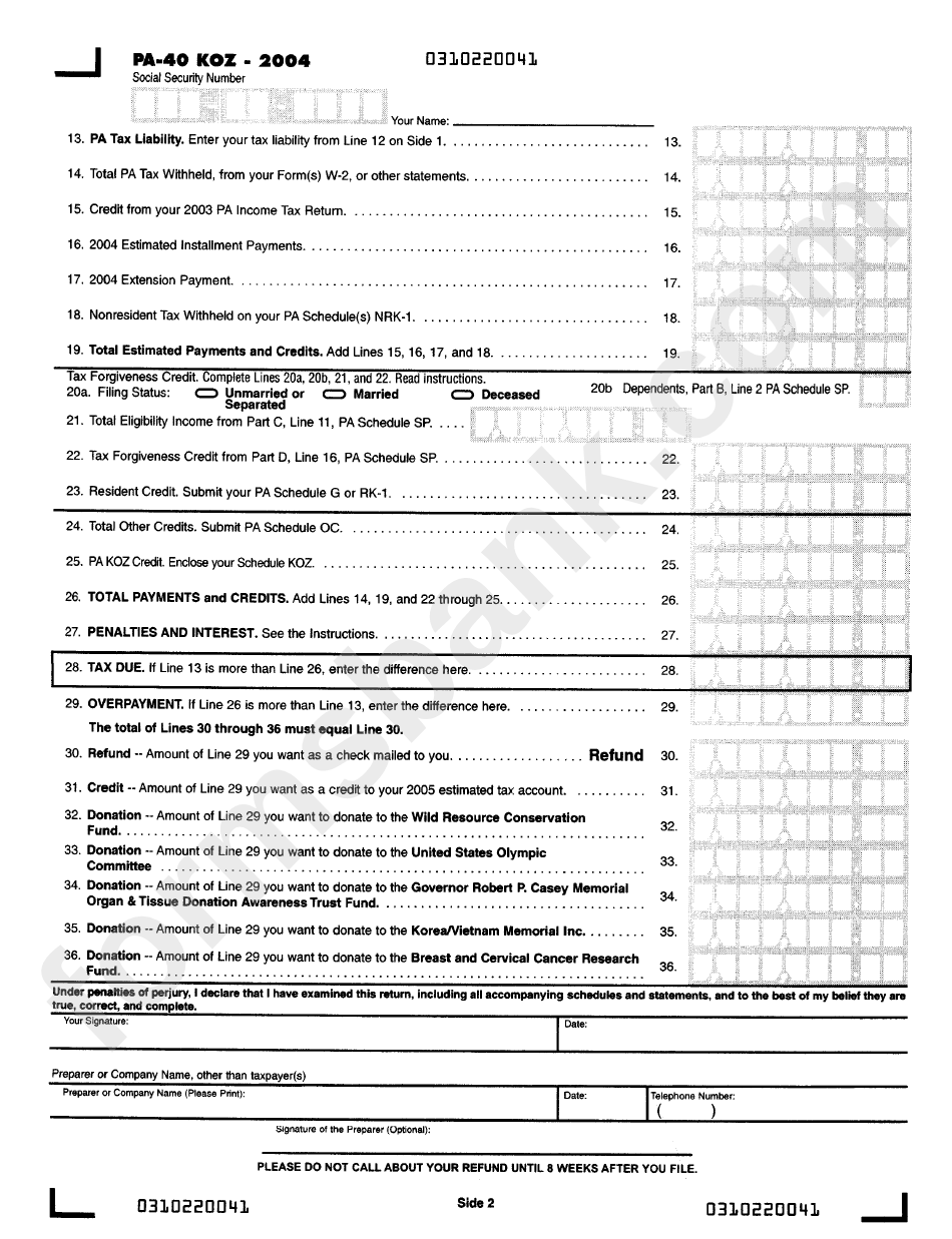 Form Pa-40 Koz - Commonwealth Of Pennsylvania Income Tax Return - Pa Keystone Opportunity Zone - 2004