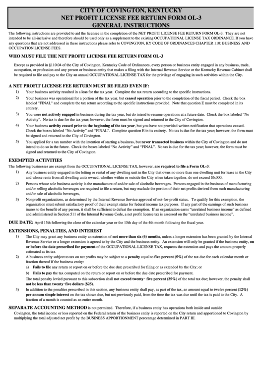 Instructions For Form Ol-3 - Net Profit License Fee Return - City Of Covington, Kentucky Printable pdf