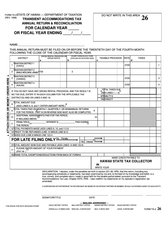 Fillable Form Ta-2 - Transient Accommodations Tax Annual Return & Reconciliation Printable pdf