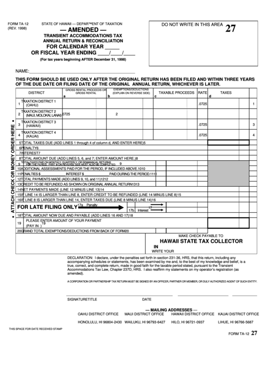 Fillable Form Ta-12 - Amended Transient Accommodations Tax Annual Return & Reconciliation Printable pdf