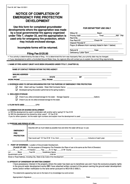 Fillable Form 647 - Notice Of Completion Of Emergency Fire Protection Development Printable pdf