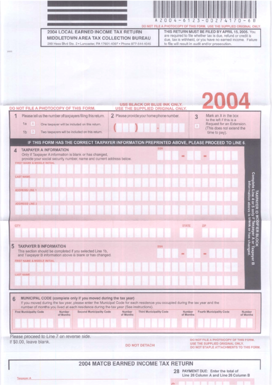 Local Earned Income Tax Return Form - Middletown Area Tax Collection Bureau - 2004 Printable pdf