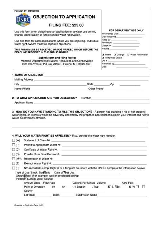 Fillable Form 611 - Objection To Application Printable pdf