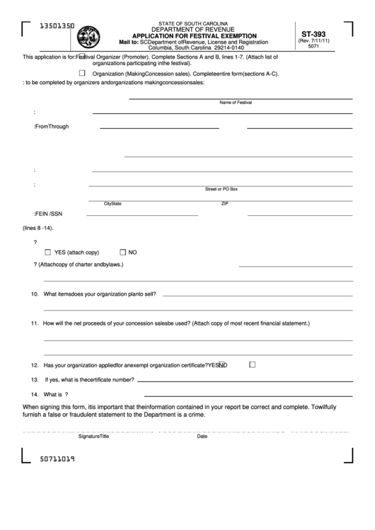 Form St-393 - Application For Festival Exemption - Department Of Revenue Printable pdf