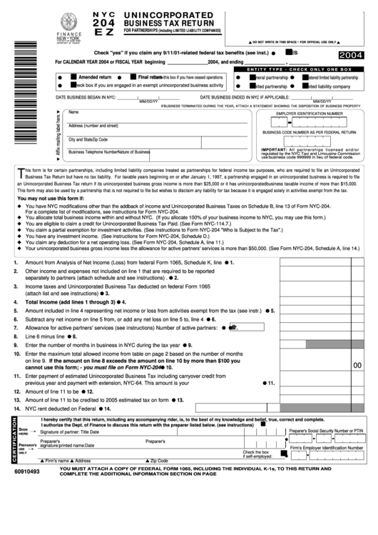 Fillable Form Nyc-204ez - Unincorporated Business Tax Return For Partnerships - 2004 Printable pdf