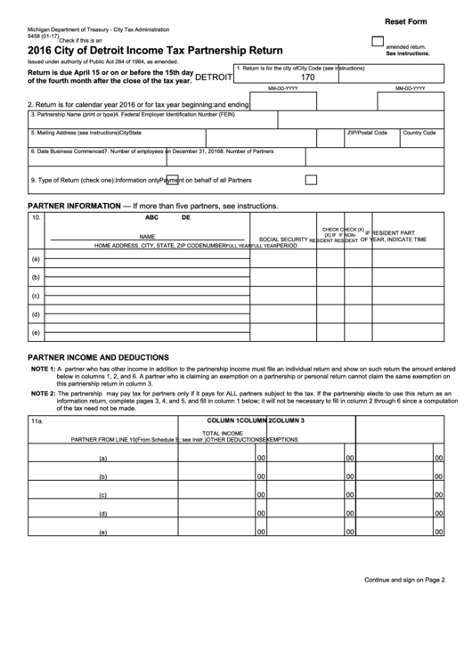 Fillable Form 5458 - City Of Detroit Income Tax Partnership Return - 2016 Printable pdf