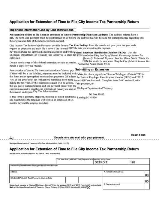 Fillable Form 5460 - Application For Extension Of Time To File City Income Tax Partnership Return - 2017 Printable pdf
