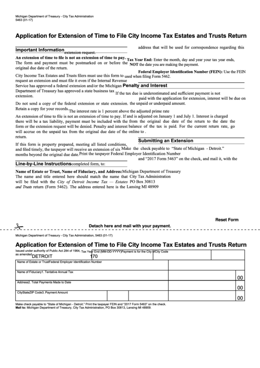 Fillable Form 5463 - Application For Extension Of Time To File City Income Tax Estates And Trusts Return - 2017 Printable pdf