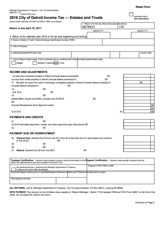 Form 5462 - City Of Detroit Income Tax - Estates And Trusts - 2016