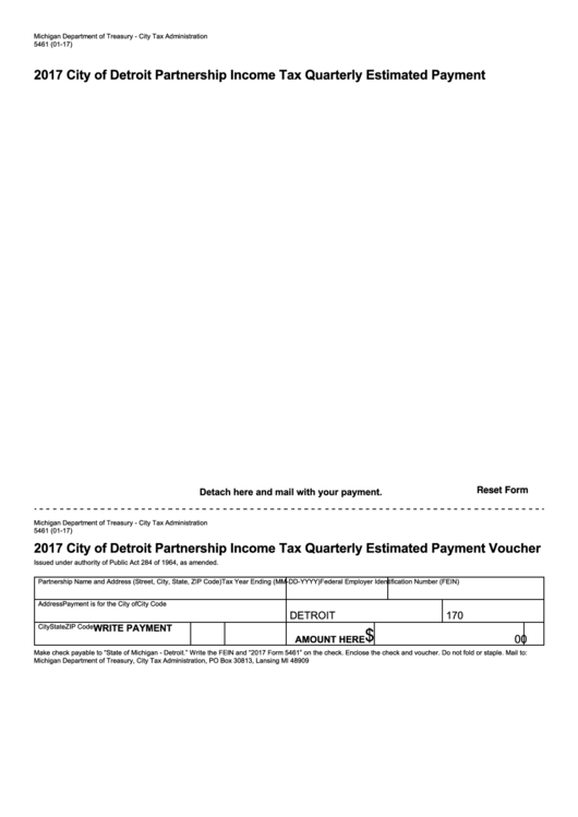 Fillable Form 5461 - City Of Detroit Partnership Income Tax Quarterly Estimated Payment - 2017 Printable pdf
