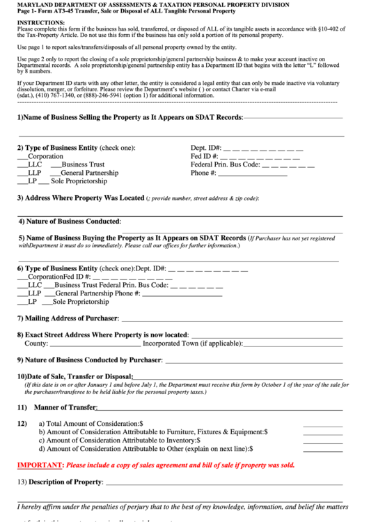 Fillable Form At3-45 - Transfer, Sale Or Disposal Of All Tangible Personal Property - 2017 Printable pdf