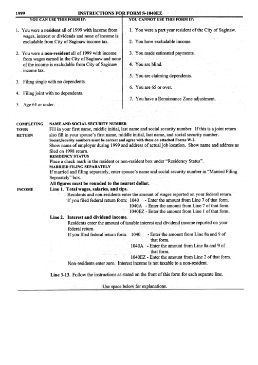 Instructions For Form S-1040ez - 1999 Printable pdf